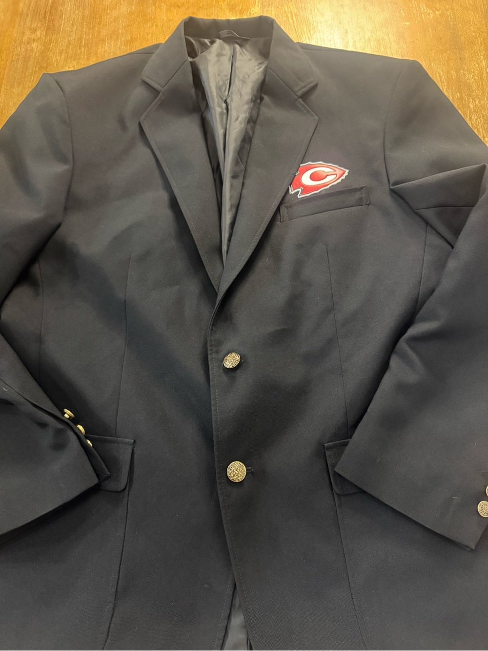 Men's Black Two-Button Sport Coat with Red Chest Patch
